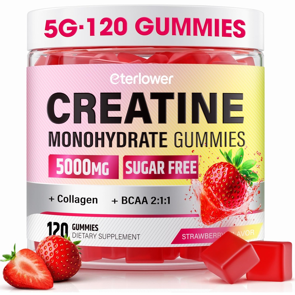 Creatine Monohydrate Gummies, 5g Creatine Gummies for Women & Men.Pre-Workout & Muscle Growth Support, Contains BCAA, Collagen, Sugar-Free, 120 Count