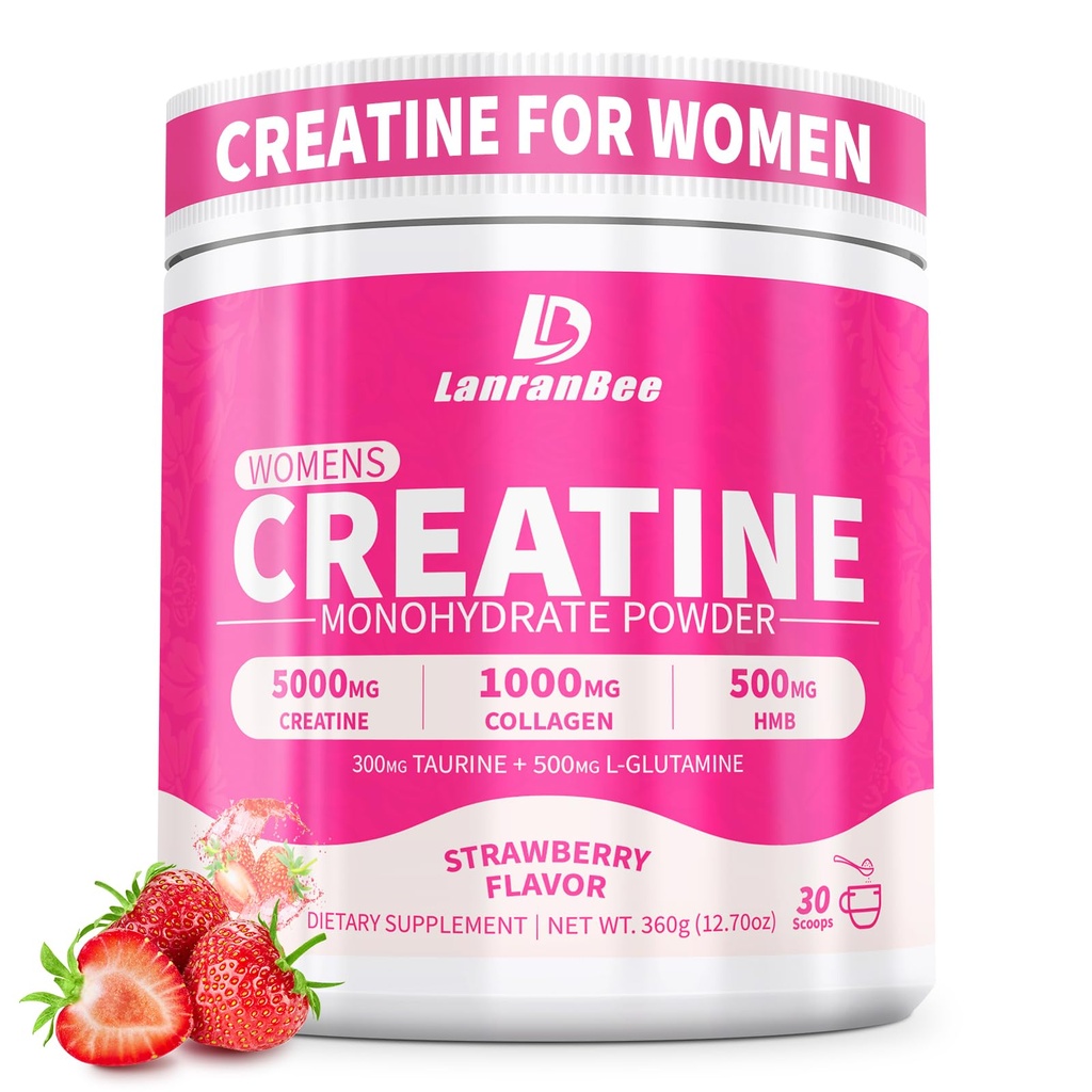 LanranBee Creatine HMB for Women 5g Micronized Creatine Monohydrate Powder with Collagen Pre Workout Supplement for Muscle Support Energy & Endurance Sugar Free,Strawberry Flavor 30 Servings