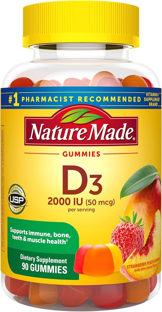 Natural Made Vitamina D3 2000 UI Por Servir Gummies, Huesos, Dientes, Musculo e Immune Health Support, 45 Day Supply, 90 Vitamina D Gummies para Adultos