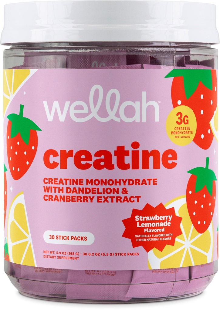 Wellah Creatine for Women (Strawberry Lemonade) 30 Stick Packs - 3g of Creatine Monohydrate with Dandelion & Cranberry Extract, to-Go Packets