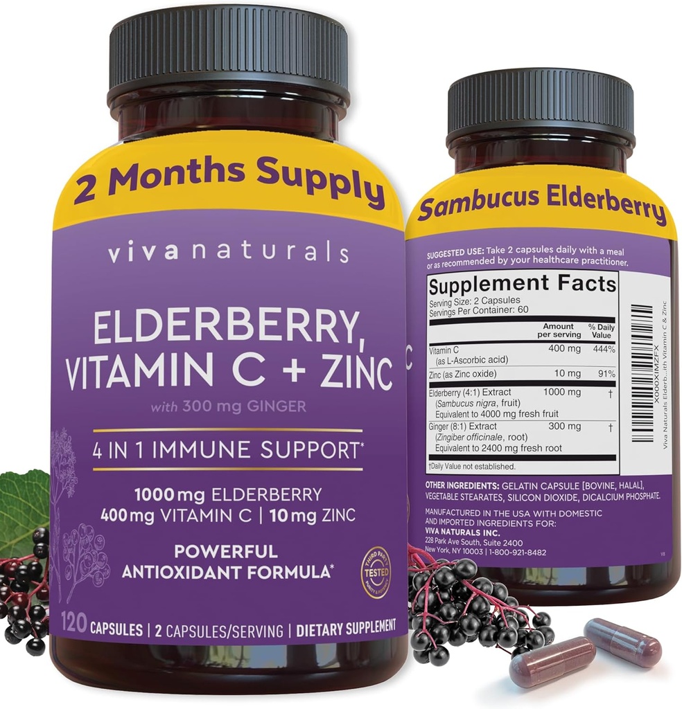 Viva Naturals Elderberry con Vitamina C y Zinc (120 cápsulas) - 1000mg Sambucus Elderberry Immune Support Suplemento, Black Elderberry Capsules for Adults, Elderberry Vitamins - 2 Meses Supply