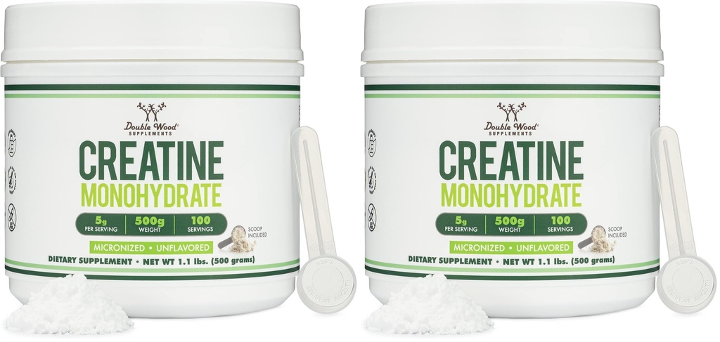 Creatine Monohydrate Powder 1.1lbs (100 Servings of 5 Grams Each) - No Fillers, Vegan Safe, Non-GMO, Gluten Free by Double Wood (Pack of 2)