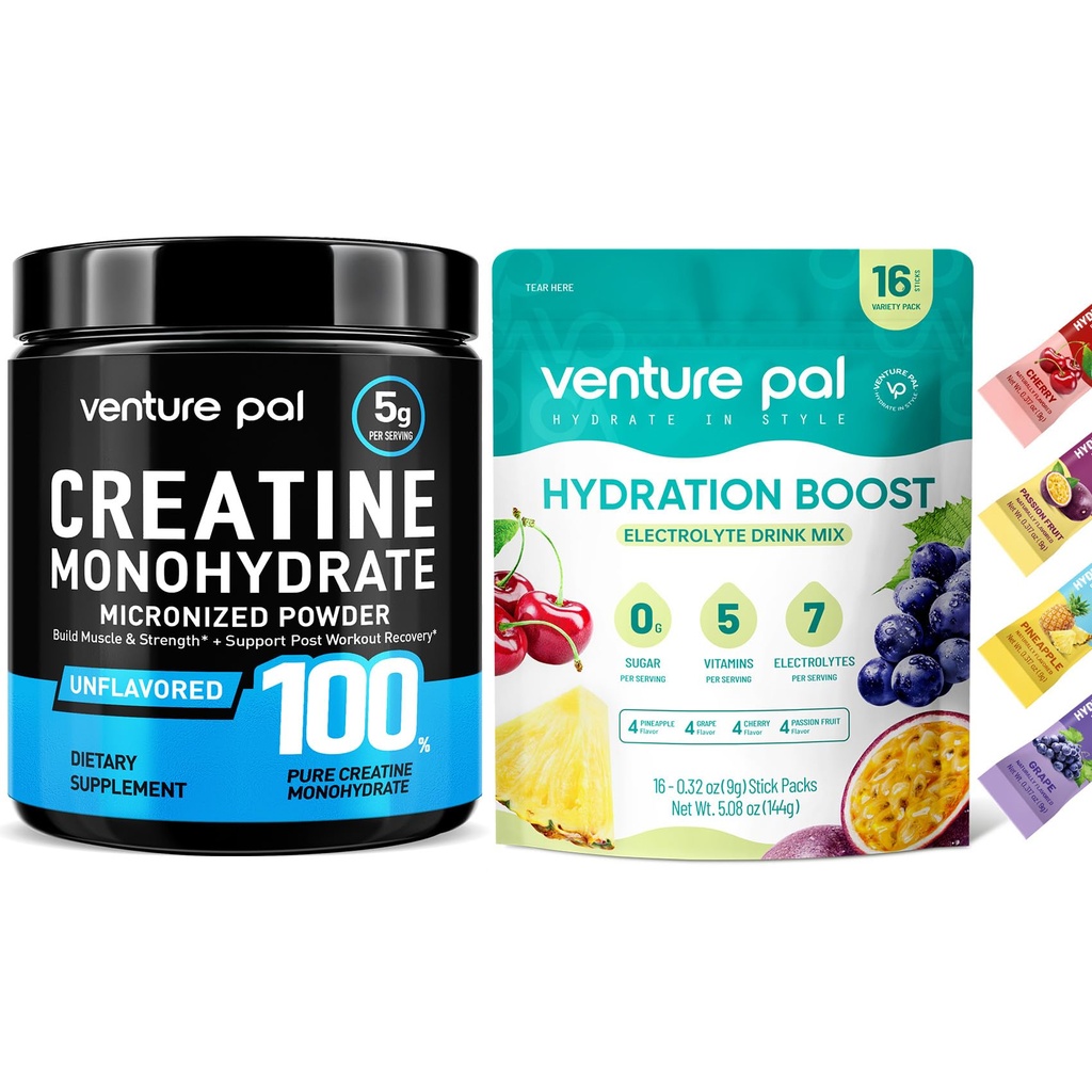 Venture Pal Micronized Creatine Monohydrate Powder + Electrolyte Powder Packets - Sugar-Free, Hydration & Vitamin Boost, 16 Sticks