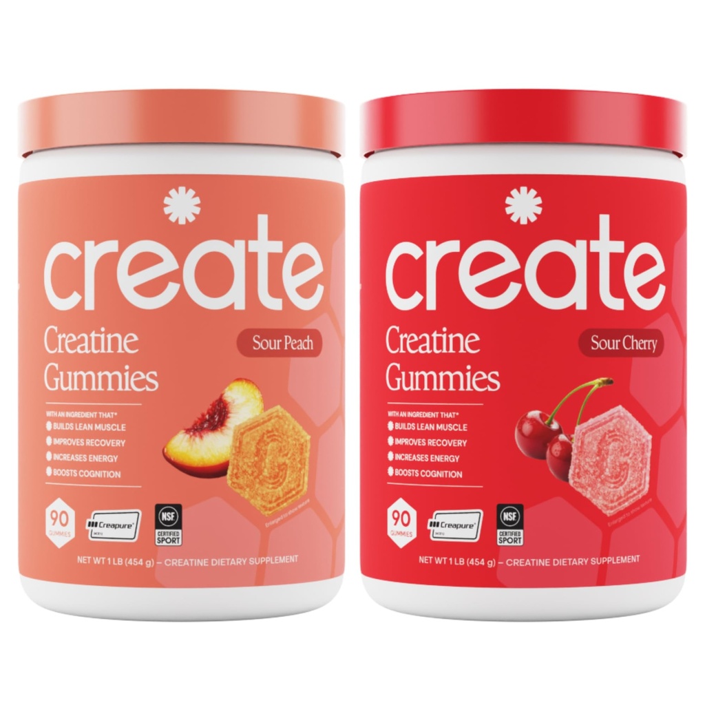 Create Creatine Monohydrate Gummies - Peach Pump Duo - Sour Peach & Sour Cherry - Creatine Gummies for Women & Men, NSF Certified, 3rd Party Tested, Anti-Melting Formula, 180 Count (2-Pack)
