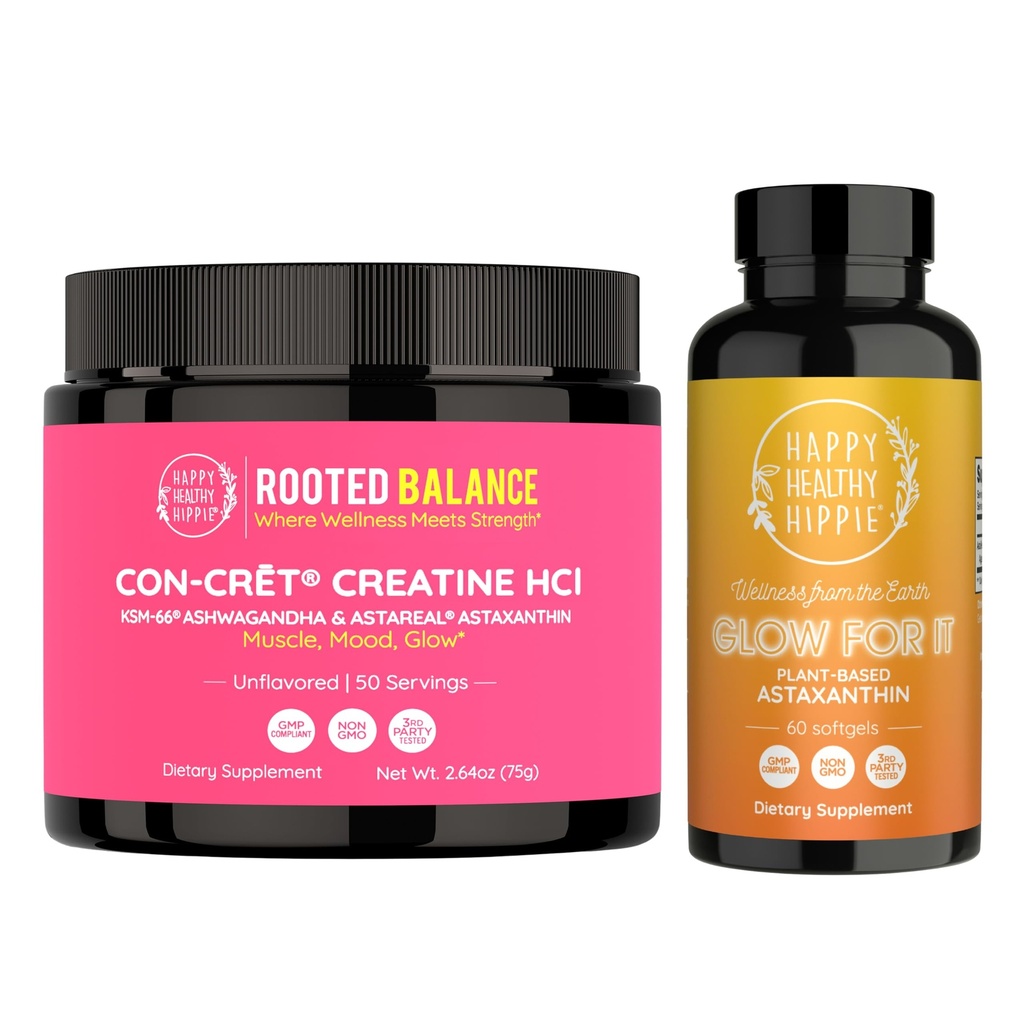 Happy Healthy Hippie Glow for It Astaxanthin Supplement & Creatine HCl Powder with KSM-66 Ashwagandha