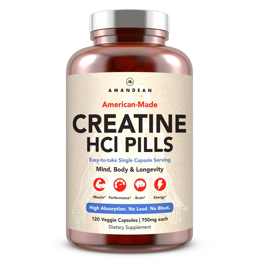AMANDEAN Creatine HCl Pills. American Made CON-CRET. 120 Capsules. 7X Concentrated. No Bloat. Muscle, Energy, Cognitive, Recovery Support for Men & Women. Gluten Free, Non-GMO.