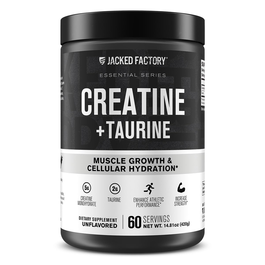 Jacked Factory Creatine + Taurine - Creatine Monohydrate 5000mg with Taurine 2000mg for Increased Muscle Strength & Cellular Hydration - 60 Servings, Unflavored