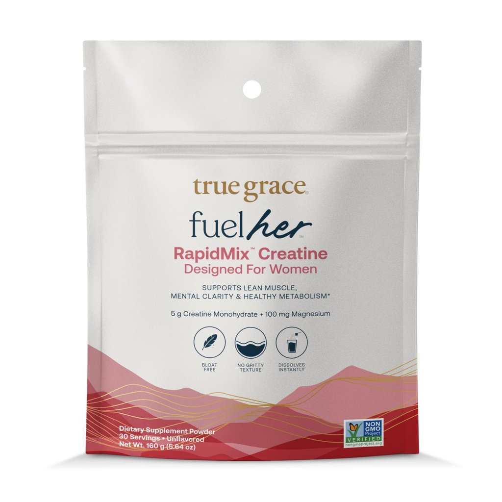 True Grace FuelHer RapidMix Creatine Monohydrate - Unflavored - for Women - Supports Lean Muscle, Mental Clarity & Metabolism - 100 mg Magnesium - Bloat Free - Mixes Instantly - Non-GMO - 30 Servings