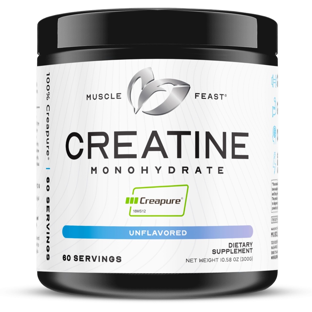Muscle Feast Creapure Creatine Monohydrate Powder, Vegan Keto Friendly Gluten-Free, Mass Gainer, Muscle Recovery Supplement and Trusted Creatine for Muscle Growth, Creatine Powder, Unflavored, 300g