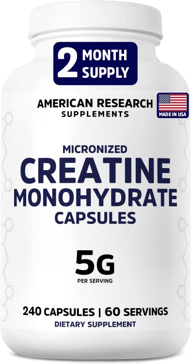 Creatine Monohydrate Capsules 5G | 60 Servings | Vegan | 4 Caps per Serving | Micronized Creatine Pills 5000mg | 240 Capsules | Creatine Pills For Men & Women | 2 Months Supply | Made Without Fillers