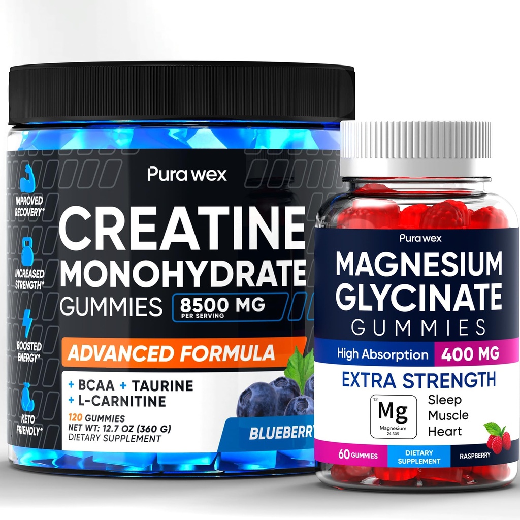 Creatine Monohydrate Gummies 8500mg + Magnesium Glycinate 400mg – Support for Muscles, Strength & Wellbeing – Vegan, Sugar Free, 2-Pack Supplement Bundle