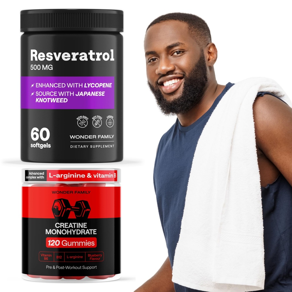 WONDER FAMILY Gym Endurance Bundle - Resveratrol for Heart Support - Creatine Monohydrate Gummies 5g for Muscles - 60 Resveratrol 500MG Softgels, 120 Creatine Chewables
