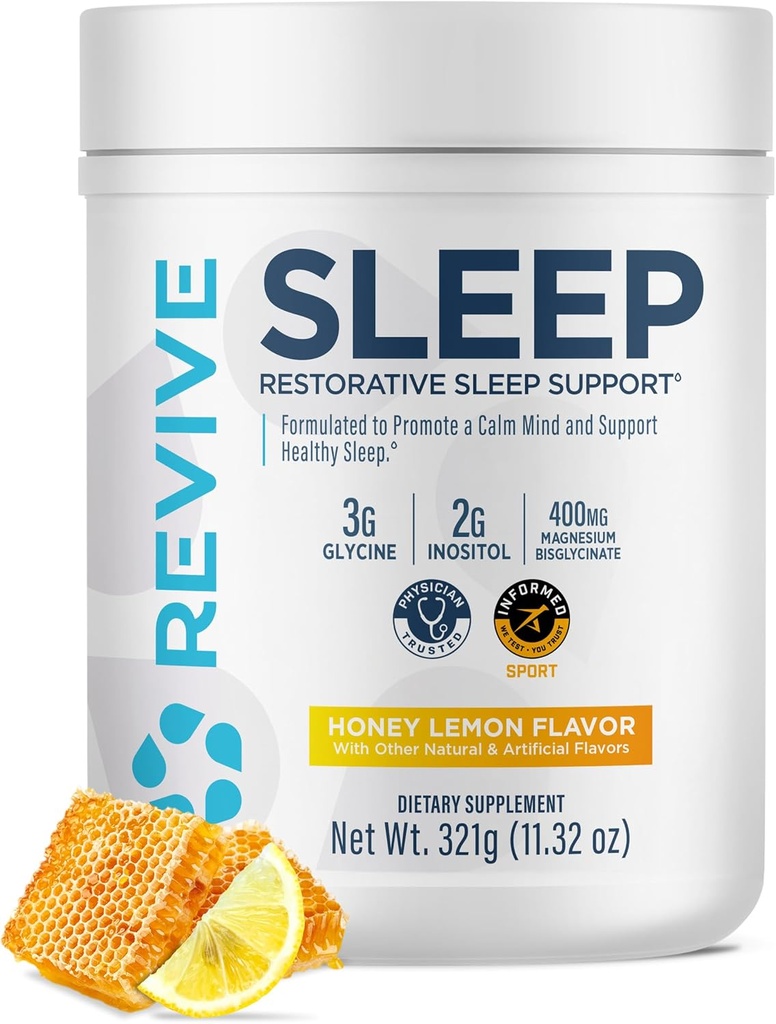 Revive MD Sleep Support Suplemento para adultos, Honey Lemon - Suplementos para dormir con Magnesium (Glycinate), Inositol, Glycine & L-Theanine - Promueve la relajación y la salud del sueño