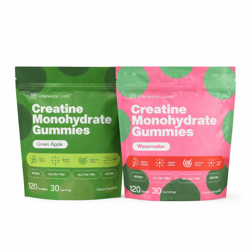 VYBRANCE LABS Creatine Gummies for Women & Men 2 Flavor Bundle — First & Only 5g Creatine + Taurine + Vitamin B12 | Vegan Creatine Gummies | Sugar-Free | Sour Green Apple + Watermelon