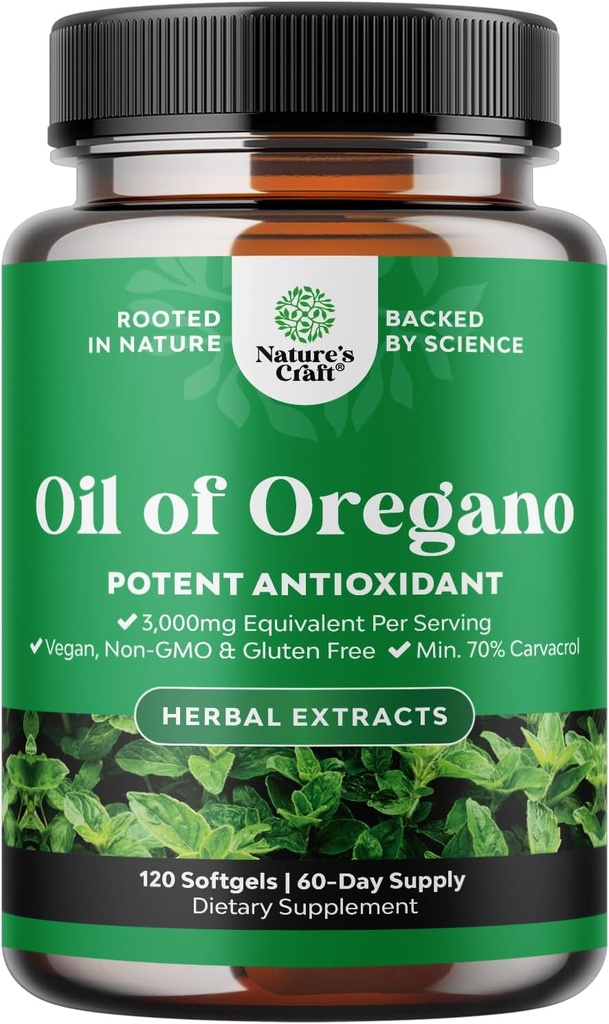 Oregano Salvaje Softgels - Óleo de Softgels Super Concentrado de Oregano con Carvacrol 70% para la Digestión &amp; Soporte Inmunitario - Suplementos herbales para Intestine Cleanse, Body Detox &amp; Repair - 120 Ct