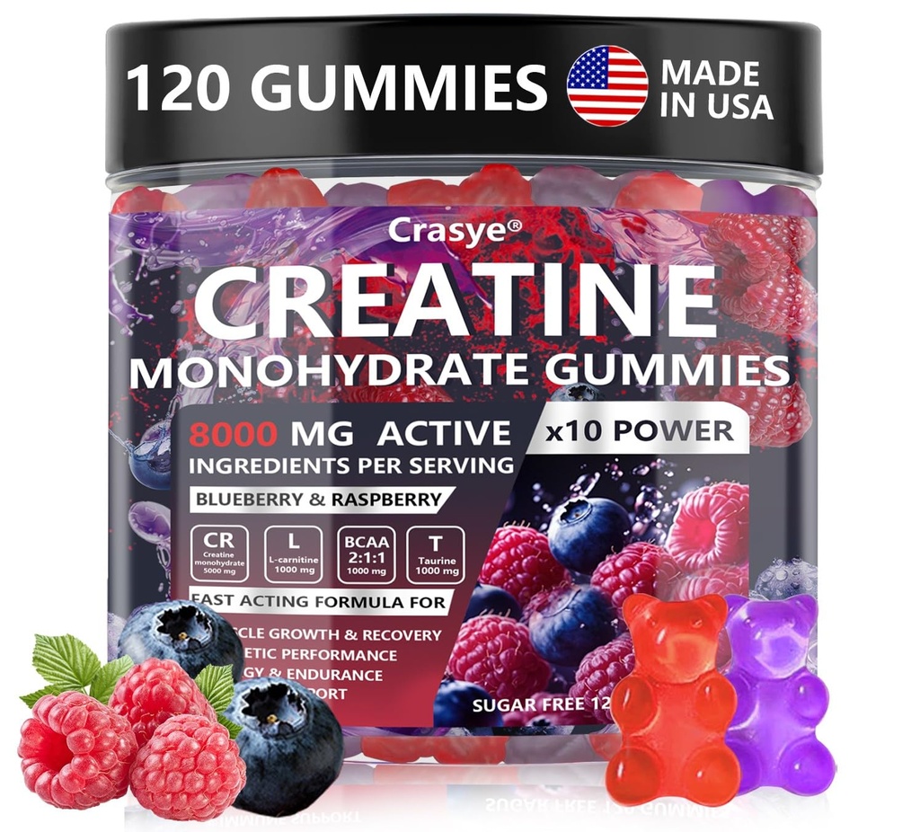 Creatine Monohydrate Gummies Complex 8000 MG for Men Women, Creatine Gummy with Taurine BCAA for Energy Support and Muscle Strength, Sugar Free Pre-Workout Supplement