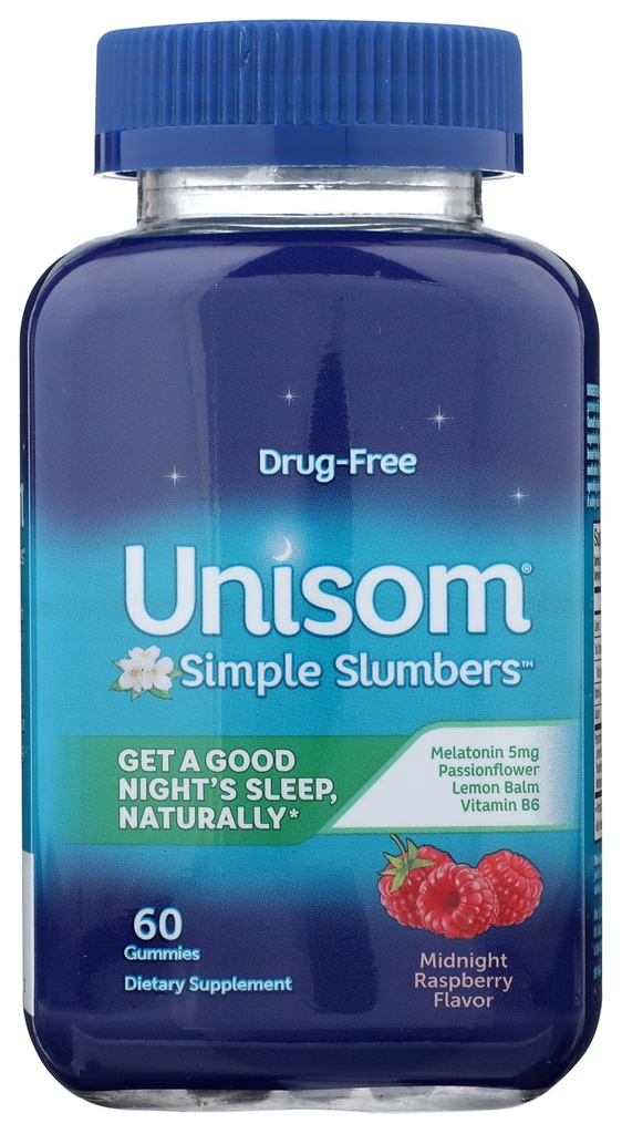 Unisom Simple Slumbers Drug Free Sleep Aid Gummies Melatonin 5mg Midnight Raspberry, Purple, 60 Count