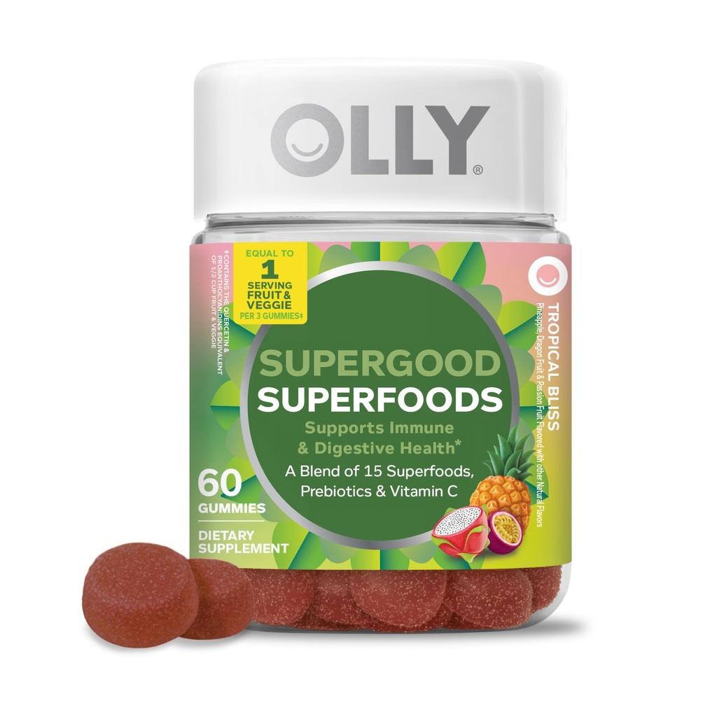 OLLY Supergood Superfoods Gummies, Supports Immune System & Digestive Health,* 15 Superfoods, Prebiotics, Vitamin C, Tropical Bliss Flavor, 20 Day Supply - 60 Count