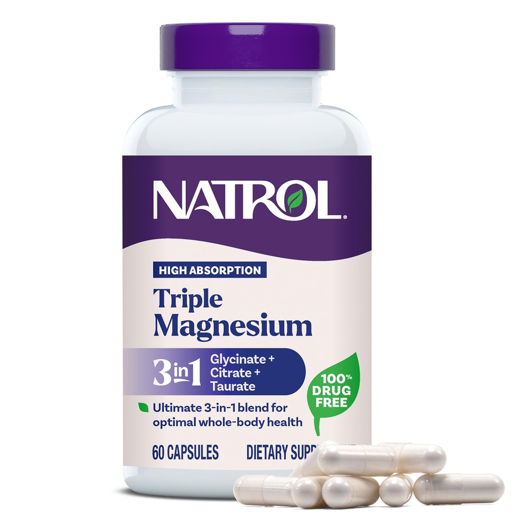 Natrol Triple Magnesium Complex Supplement, Glycinate, Citrate & Taurate 200mg High Absorption, Support Whole Body Wellness, 60 Capsules