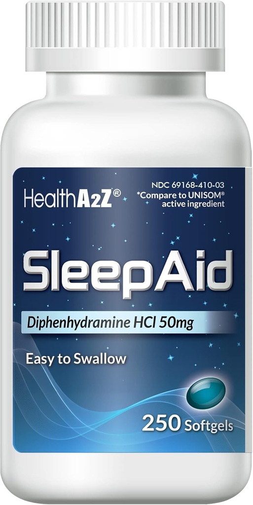 HealthA2Z Sleep Aid, Diphenhydramine Softgels, 50mg, Supports Deeper, Restful Sleeping (250 Counts)