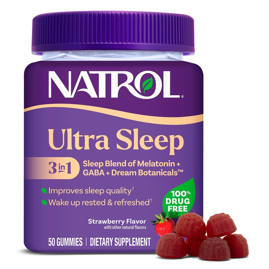 Natrol Ultra Sleep 3-in-1 100% Drug-Free Sleep Aid Blend with Melatonin, GABA " Botanicals, Dietary Supplement, Non-Habit Forming, 50 Gummies