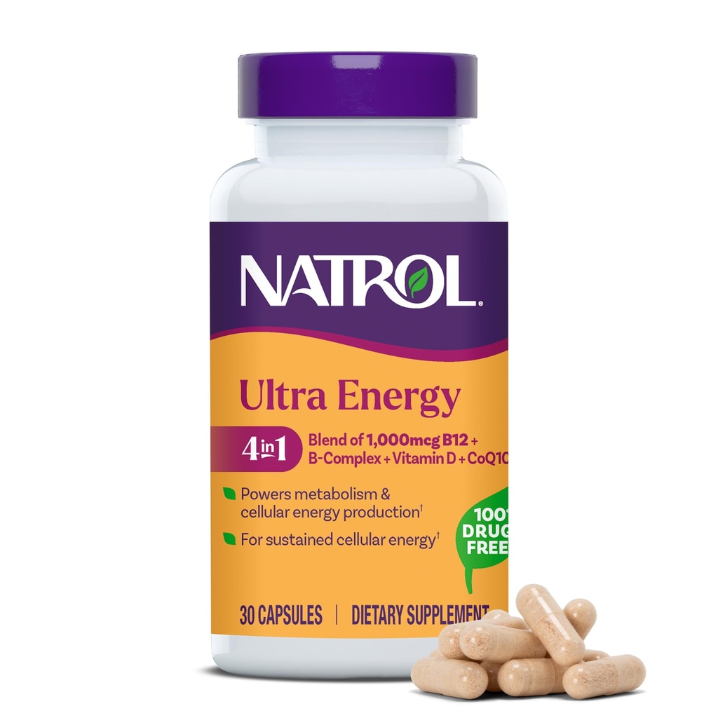 Natrol Ultra Energy 4-in-1 Blend 1000mcg B12, Vitamin B Complex, Vitamin D, CoQ10 Capsules 30 Ct, Vegetarian, Caffeine Free, Supports Cellular Energy Production