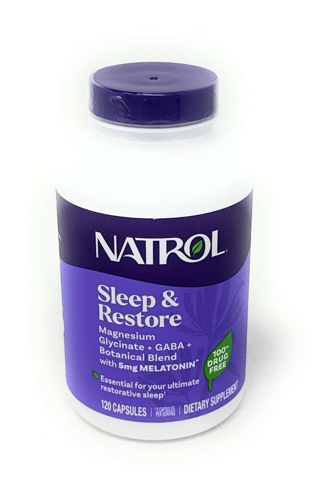 Natrol Sleep &amp; Restore Capsules, 120 Conde, Melatonina 5 mg con GABA, Magnesio & Vitamina B6, Vegetariano, No GMO, Esencial para su último sueño restaurativo, Melatonina libre, 60 días de suministro