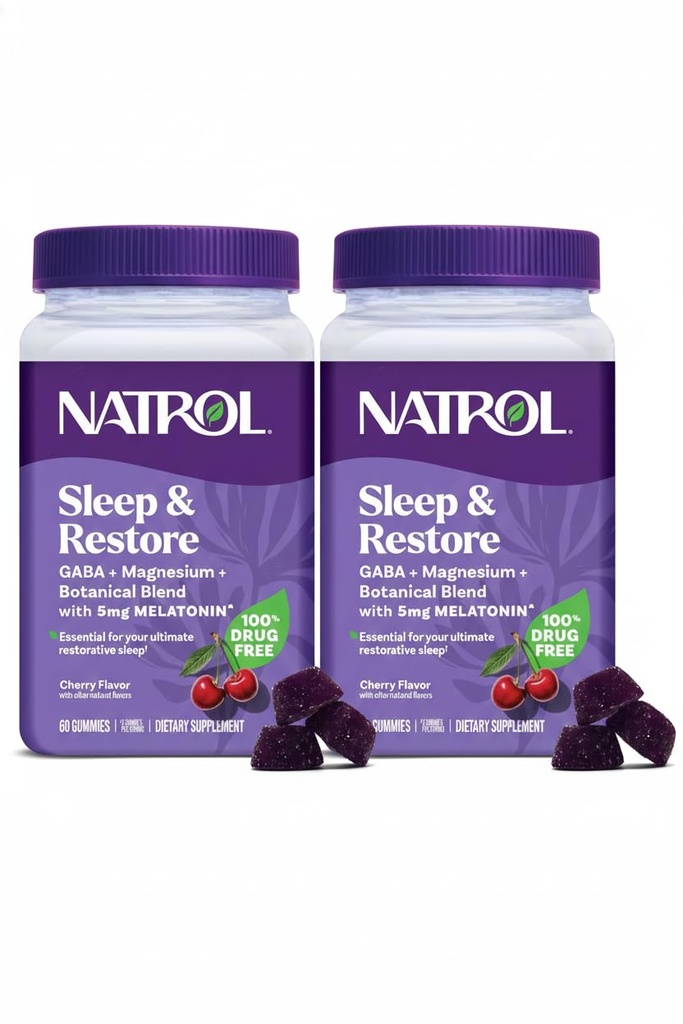 Natrol Sleep + Restore Magnesium Glycinate Blend Gummies with Melatonin 5mg - Magnesio calma con GABA, Blend botánico, Cherry Flavor, 60 Gummies (Pack of 2)