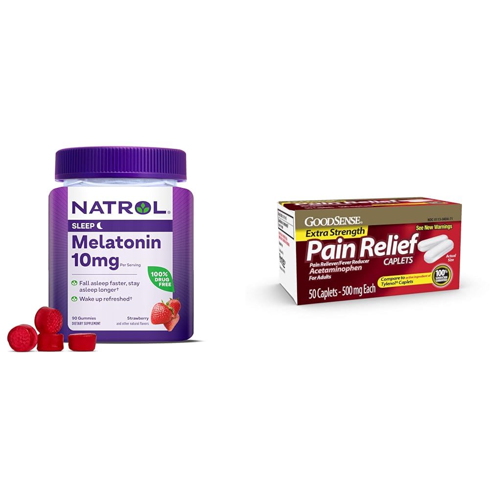 Natrol Melatonin 10mg Gummies for Restful Sleep, 90 Strawberry Flavored Count & GoodSense 500mg Acetaminophen Caplets, 50 Count
