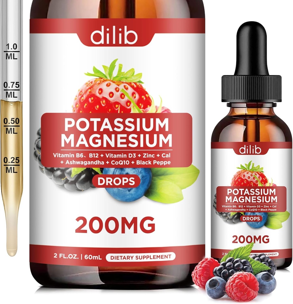 Suplemento de Citrato de Magnesio de Potasio, gotas de Citrato de Magnesio líquido 200 mg con Ashwagandha, Calcio, Zinc, Vitamina D3, B6, B12, CoQ10 - Vegan 2 fl oz Mix Berry Flavor