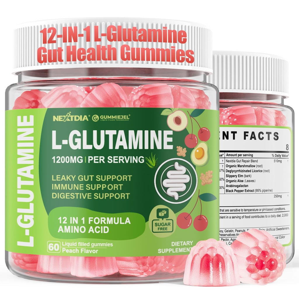 L-Glutamine 1200mg Gut & Immune Support Gummies,Leaky Gut Repair Supplement with Slippery Elm,Marshmallow Root,Ginger Root,Arabinogalactan,Organic Aloe,Vitamin C,Vitamin D3,Zinc,Sugar-Free | 60 Count
