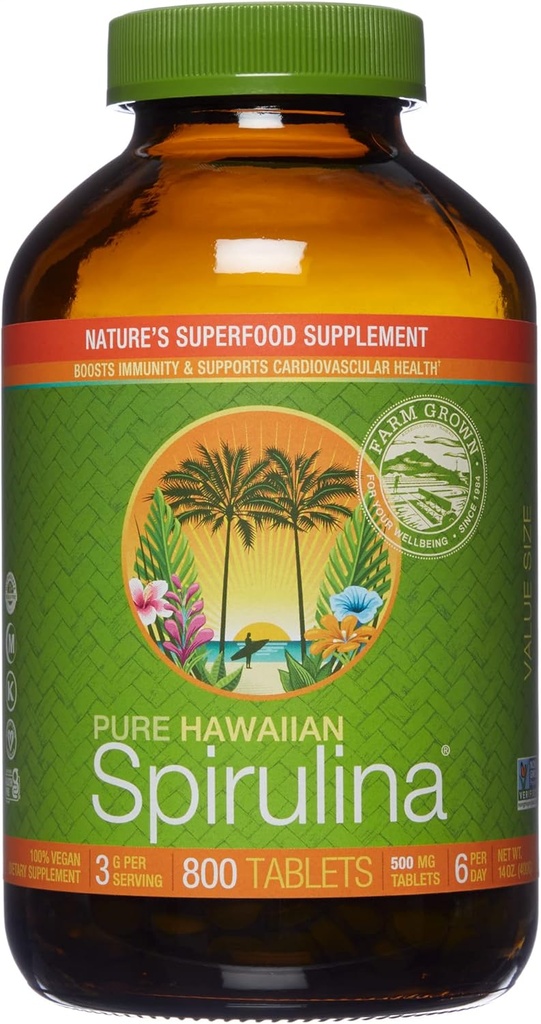 Nutrex Hawaii, Pure Hawaiian Spirulina 500 mg, Vegan, apoya el sistema inmunológico, corazón, células y energía, 800 tabletas