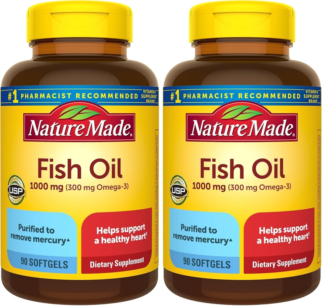 Nature Made Fish Oil Omega 3 Suplementos, 1000 mg Softgels, Omega 3 Fish Oil for Healthy Heart Support, 90 Softgels, 45 Day Supply (Pack of 2)