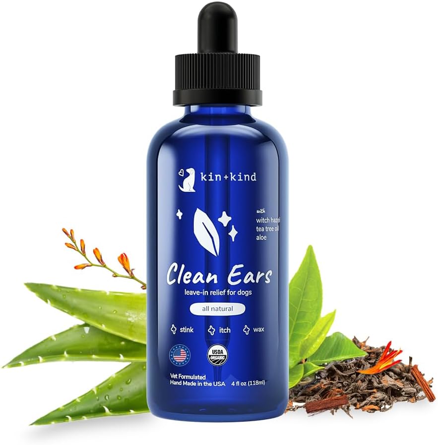 kin+kind Dog Ear Cleaner Solution – Organic Dog Ear Wash & Easy-to-Use Ear Drops for Dogs – Cleans Wax, Dirt & Odor – Gentle Ear Cleaning w/Witch Hazel, Aloe Vera & Tea Tree Oil – Made in USA 4 fl oz