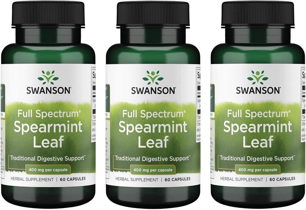 Swanson Spearmint Leaf (Mentha Spicata)-Full Spectrum Herbal Supplement Supporting Digestive Health & Mild Stomach Issues - (60 cápsulas, 400 mg cada uno) 3 Pack