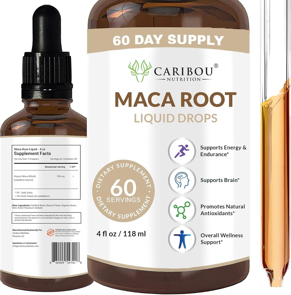 Maca Root Liquid Drops | Premium Organic Maca Root Extract | Maca Supplement for Enhanced Mood & Vitality | 60 Servings | 4 Fl Oz