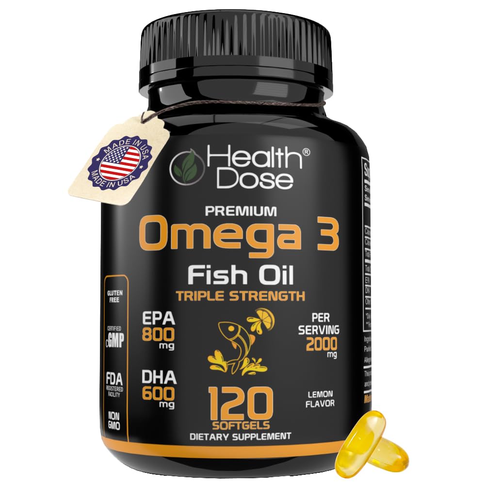 Health Dose Omega 3 Fish Oil 2000mg – Lemon-Flavored Softgels with EPA 800mg & DHA 600mg for Brain, Heart, and Wellness Support – Easy-to-Digest, No Fish Burps – 120 Softgels, 2-Month Supply