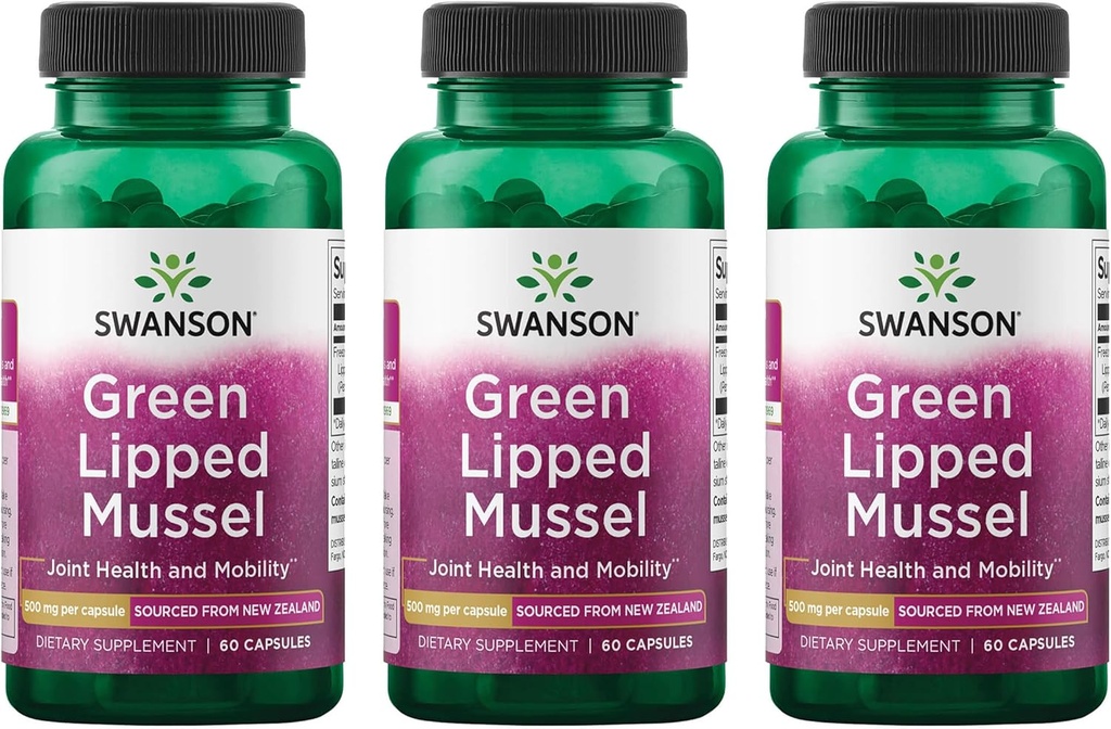 Swanson Green Lipped Mussel (Freeze-Dried) - New Zealand Joint Health & Mobility Supplement - Natural Formula May Support Heart Health & Digestive Function - (60 Capsules, 500 mg cada uno) (3 Pack)