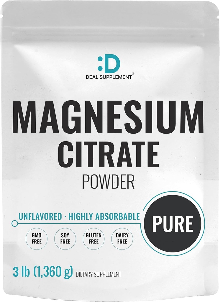 DEAL SUPPLEMENT Magnesium Citrate Powder 500mg, 3lbs – Unflavored, Easily Absorbed – Purified Trace Mineral for Muscle, Heart, " Digestive Support – One a Day, Non-GMO, Filler Free