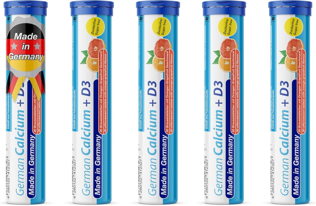 Calcio alemán + VIT. D - 100 Bebidas Vegetarianas Tablas Efervescentes - Orange-Grapefruit Flavor - Hecho en Alemania