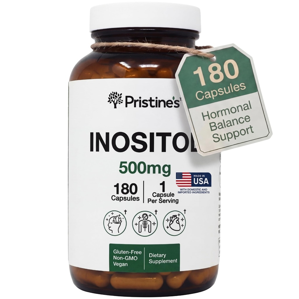 PRISTINE'S Myo Inositol PCOS Supplement Capsules - 500mg 180 Day Supply - Vegan, Gluten Free, Non GMO