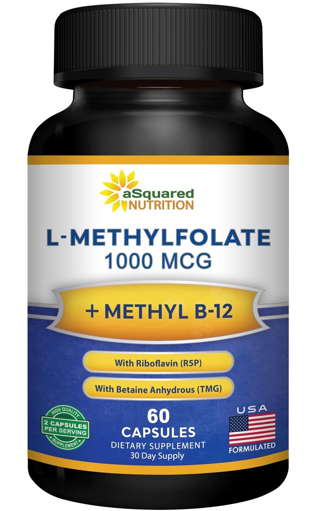 aSquared Nutrition L Methylfolate Plus Methyl B12 - Methylated Folate Supplement for Women & Men - 5-MTHF (Active Vitamin B9) 1000 mcg & B-12 1mg - B Complex - 60 Capsules