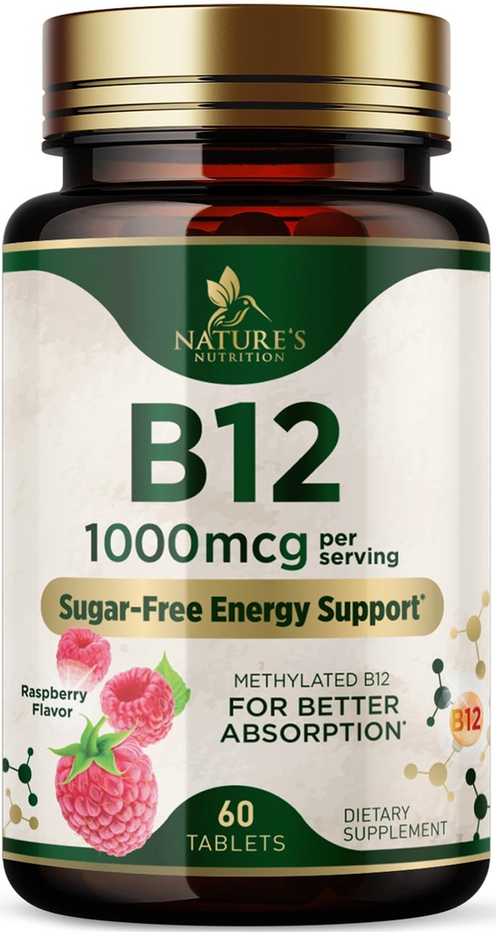Vitamin B12 - 1000 mcg Per Serving Maximum Strength Methylcobalamin B-12 Chewable Tablet - Energy, Nervous System & Brain Support - Fast Dissolve, Gluten-Free, Non-GMO for Women & Men - 60 Tablets
