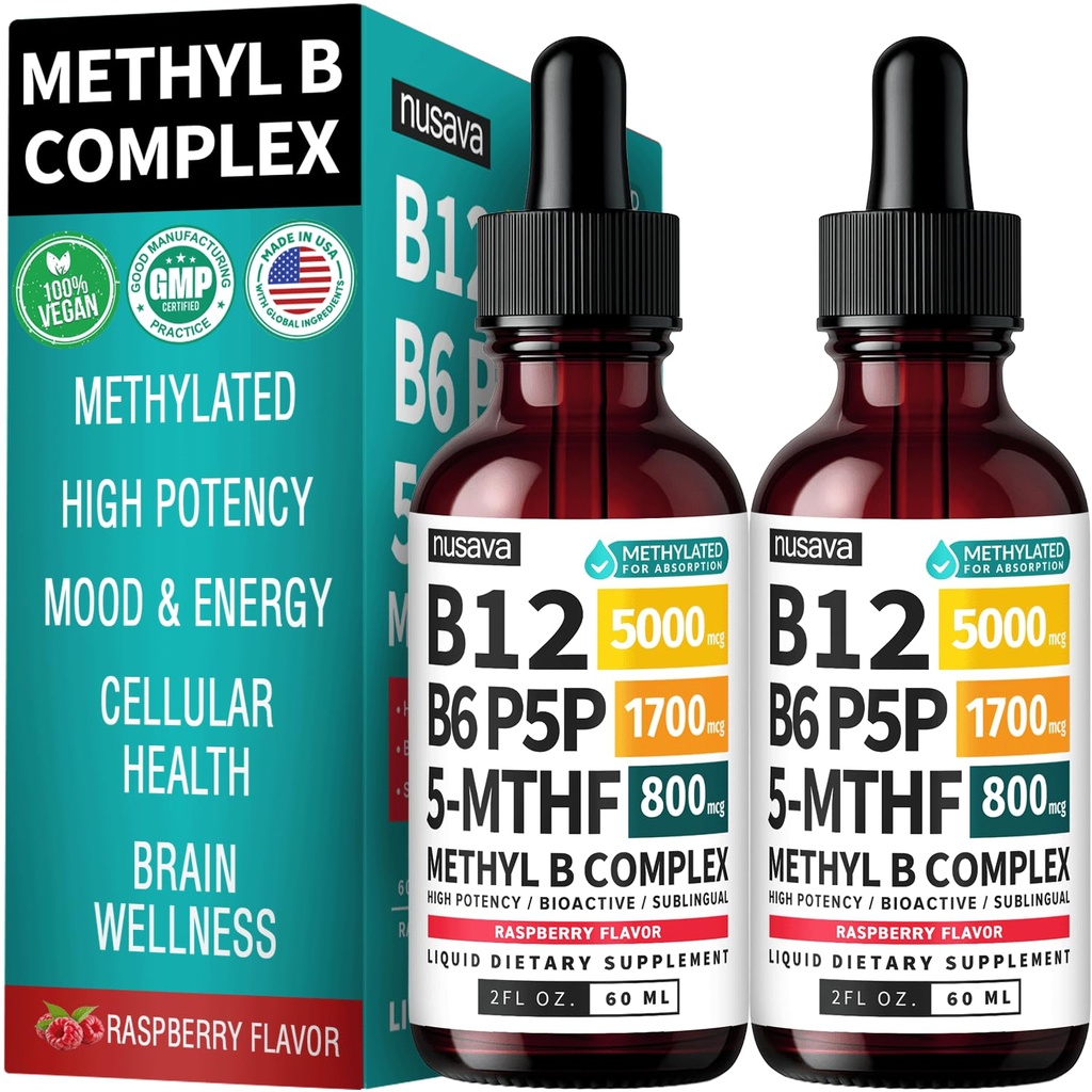 (2-Pack) Methylated B Complex Liquid Drops - Vitamin B Complex with Active L Methylfolate - B12 Sublingual Drops - Vegan B12 Vitamin 5000mcg, Non-GMO, Raspberry Flavor, No Sugar, 2 Fl oz, 80 Servings