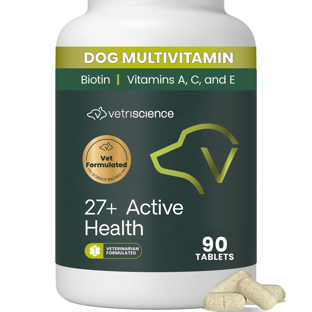 VetriScience 27+ Active Health Chewable Tablets, Canine Plus Daily Multivitamin for Puppies and Adult Dogs, Balanced Vitamins, Minerals and Antioxidants, Wellness Support, Duck, 90 Count