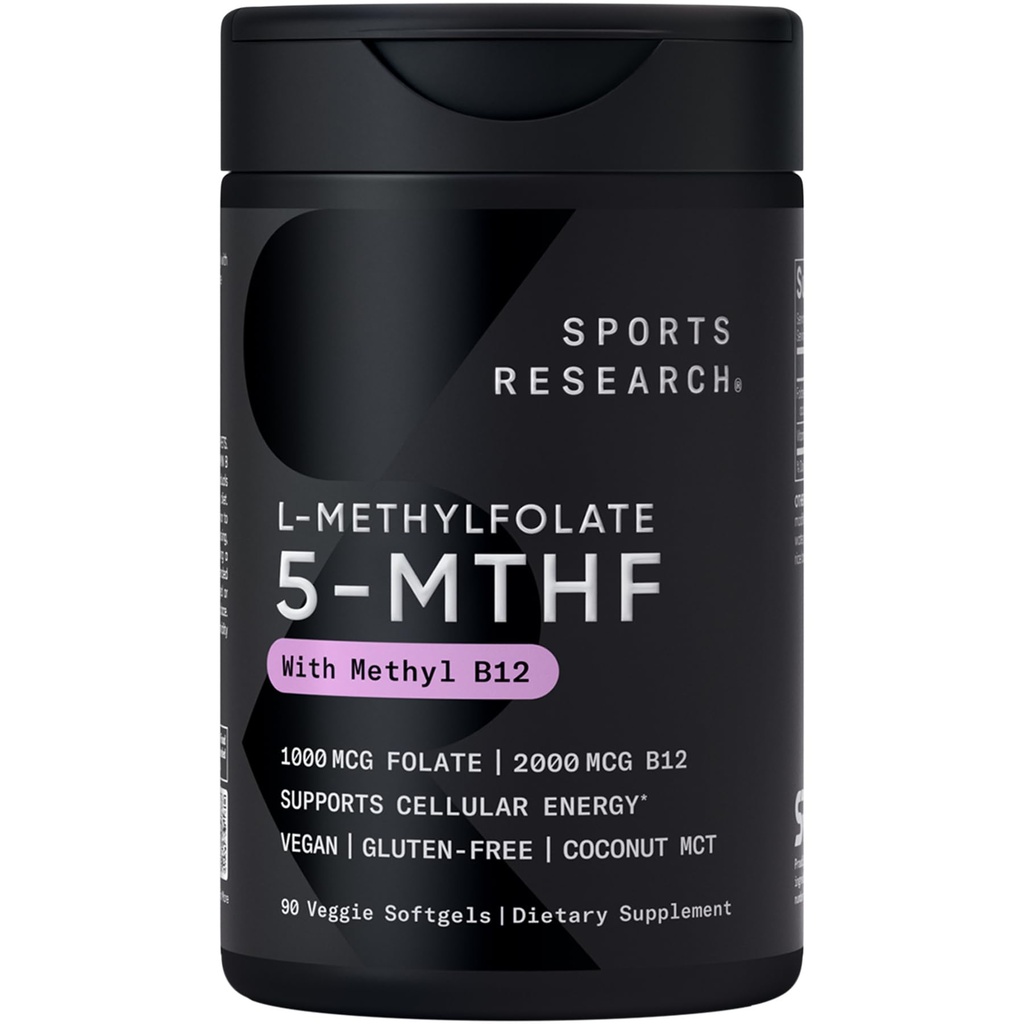 Sports Research® Methyl Folate + B12-1000 mcg L-Methylfolate & 2000 mcg Methylcobalamin for Cellular Energy Support - Vegan B12 w/Coconut MCT Oil - Non-GMO, Gluten Free - 90 Veggie Softgels