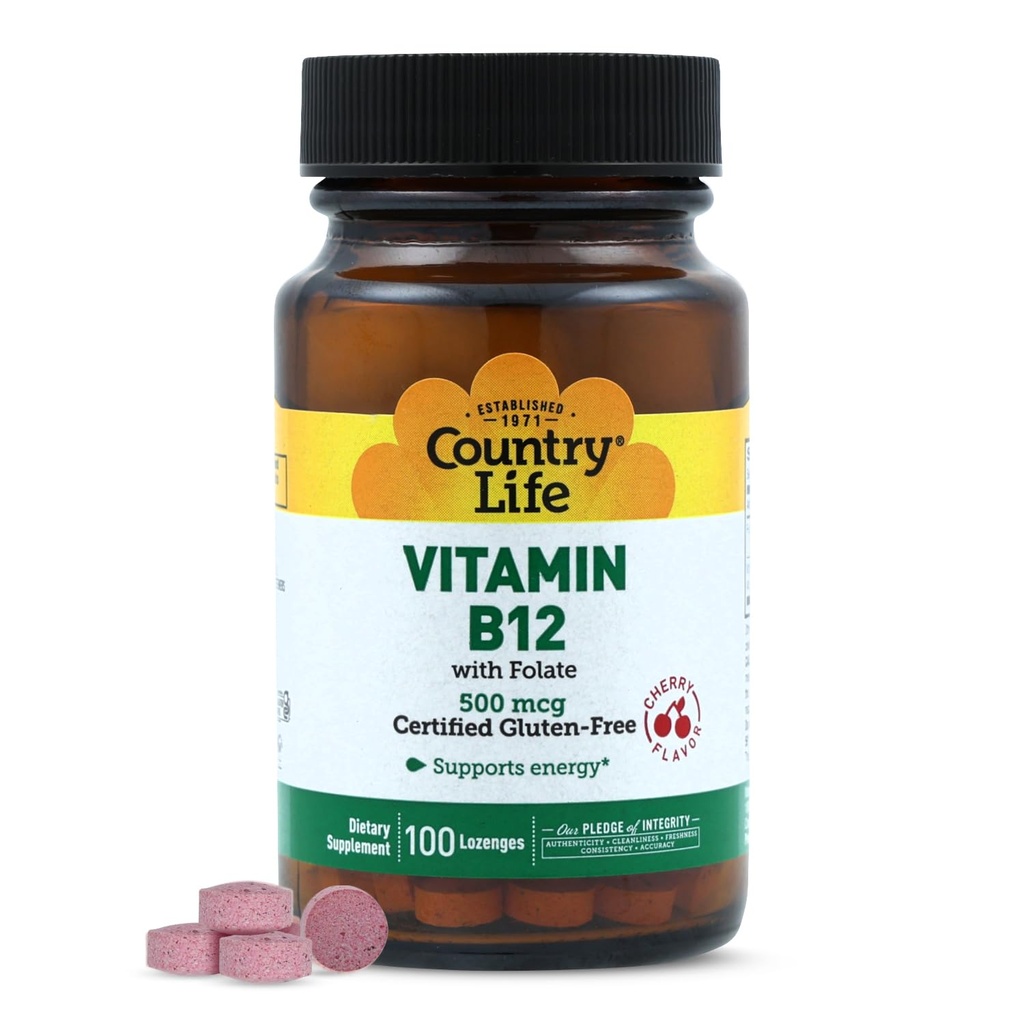 Country Life Vitamin B12 with Folate, Supports Energy & Red Blood Cell Production, 500mcg, 100 Lozenges, Certified Gluten Free, Vegan, Halal, Non-GMO Verified
