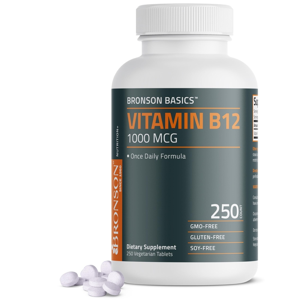 Bronson Vitamin B12 1000mcg Once Daily Formula Non-GMO, 250 Vegetarian Tablets