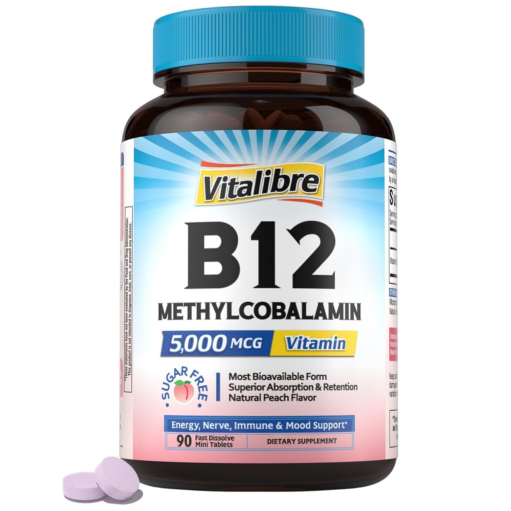 Vitalibre Vitamin B12 Sublingual 5000 mcg, Methylcobalamin, Bioactive Form, High Absorption, Vegan, Nerve, Energy, Immune, Mood Support, Natural Peach Flavor, 90 Fast Dissolve Mini Tablets, No Sugar
