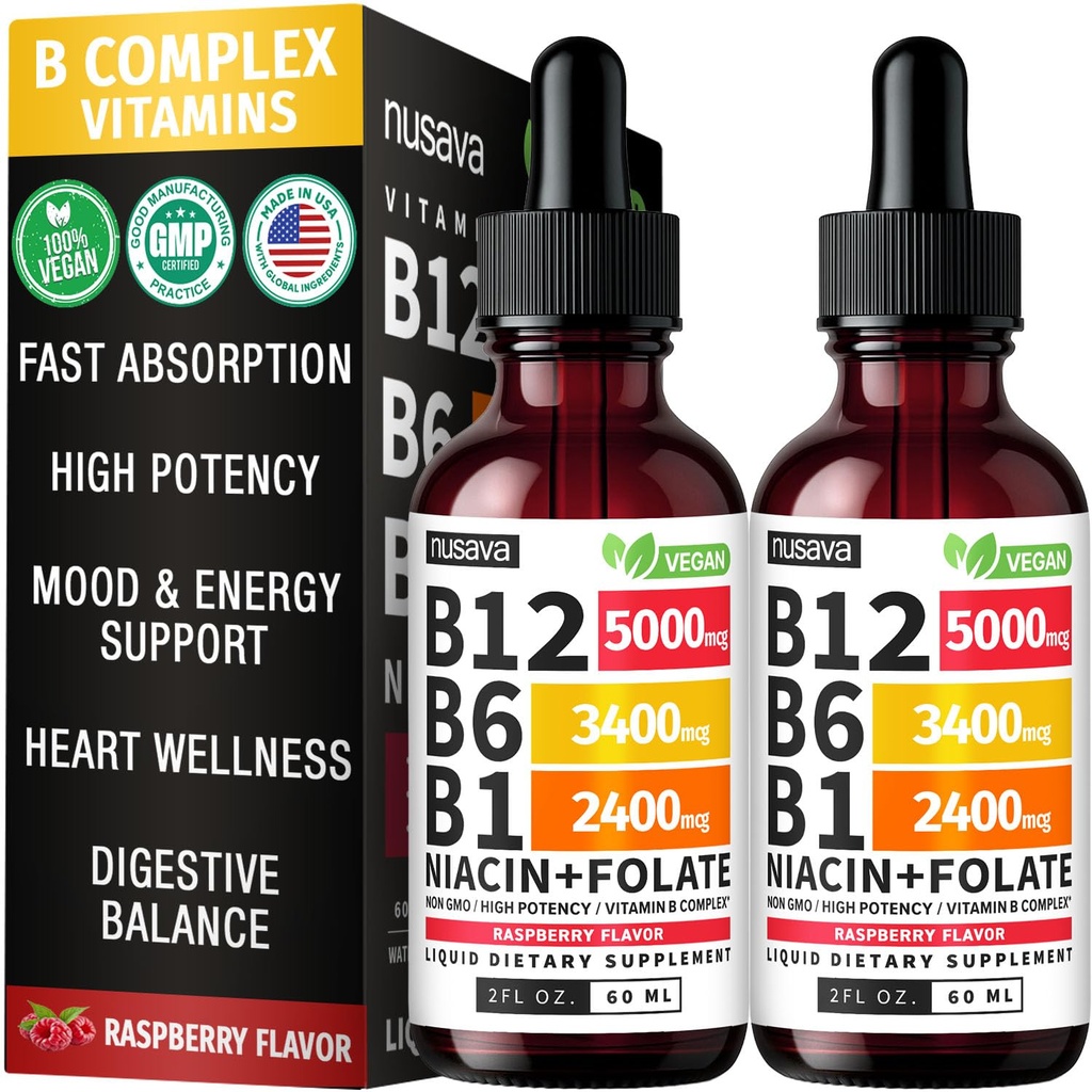 NUSAVA (2 Pack) Vitamin B12 Liquid Drops with B6, B1, Niacin & Folate — B12 Sublingual Vitamin B Complex, Methylcobalamin 5000 mcg, for Energy, Brain & Heart Support, Raspberry Flavor, 80 Servings